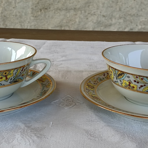 2 Tasses+Soucoupes en Porcelaine Blanche PiIlivuyt Vintages.Décor Floral Stylisé Multicolore Avec Filets de Dorure-Funbroc France