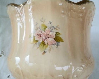 Vintage Planter Pot or Vase Made In Iron Stone From Staffordshire, England.Tender Pink Floral Molded Decors with and Gilding-Funbroc France