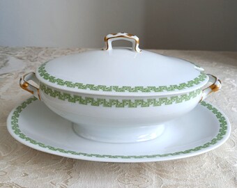 Saucière sur Portant Vintage Marque Jean Cousin en Porcelaine. Décor Géométrique Vert et Or,Faite en France,Chalon-sur-Saône-Funbroc France