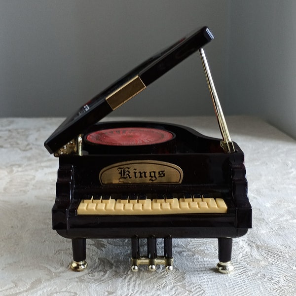 Boite à Musique et à Bijoux Vintage en Forme de Piano avec Ballerine Magnétique. Imitation Laque Noire,Décor Floral-Funbroc France
