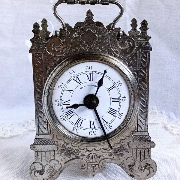 Vintage Travel Officer's Clock, To Restore, Decoration or Collection in Silver Metal, Enamel Dial - Funbroc France