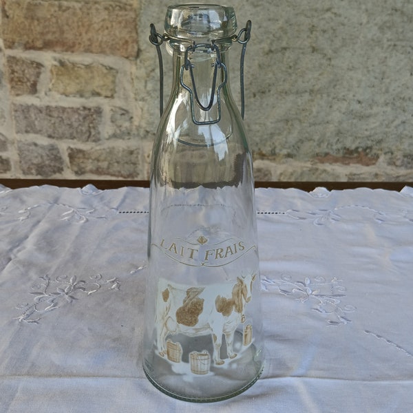 Bouteille de Lait Vintage en Verre, Décoré Main à Couvercle Céramique,Fermeture en Aluminium.Récipient de Style Champetre Français-Funbroc