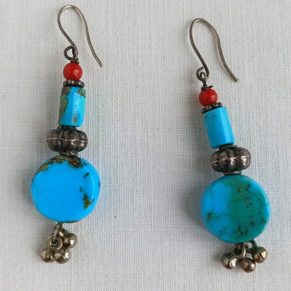 Paire de Boucles d'Oreilles Vintages en Métal Argenté Tibétain-Cornalines et Turquoises-Bijoux Pendants Faits Main,Minéraux Colorés-Funbroc