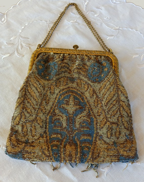Vintage Bag with Brass Frame and Pearl Tapestry a… - image 1