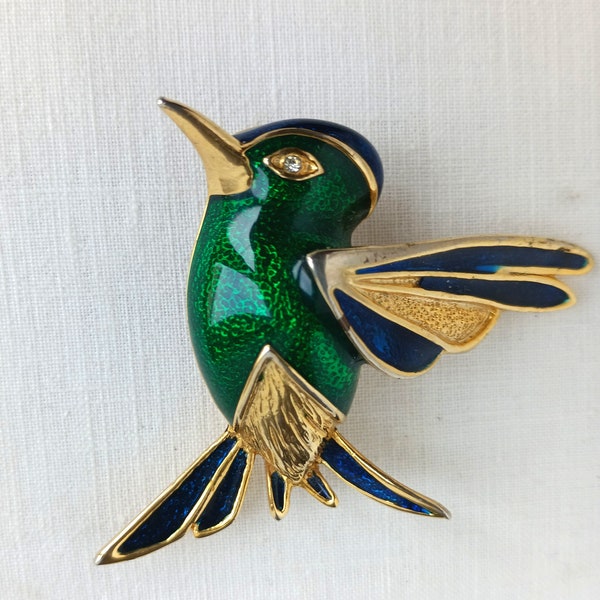 Broche Colibri en Métal Emaillé Vintage. Bijou Oiseau à accrocher Doré Vert et Bleu - Funbroc France