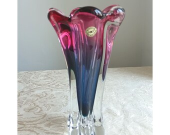 Vase Vintage de Marque Sanyu en Verre Soufflé Transparent, Rose et Violet. Verrerie d'Art,Produite au Japon -Funbroc France