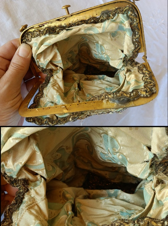 Vintage Bag with Brass Frame and Pearl Tapestry a… - image 10