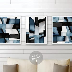 Marine Blaue Wand Kunst 3er Set, Abstrakte Blau Schwarz Kunst, Indigo Blau Aquarell Drucke Set, Moderne Abstrakte Malerei, Digitaler Download