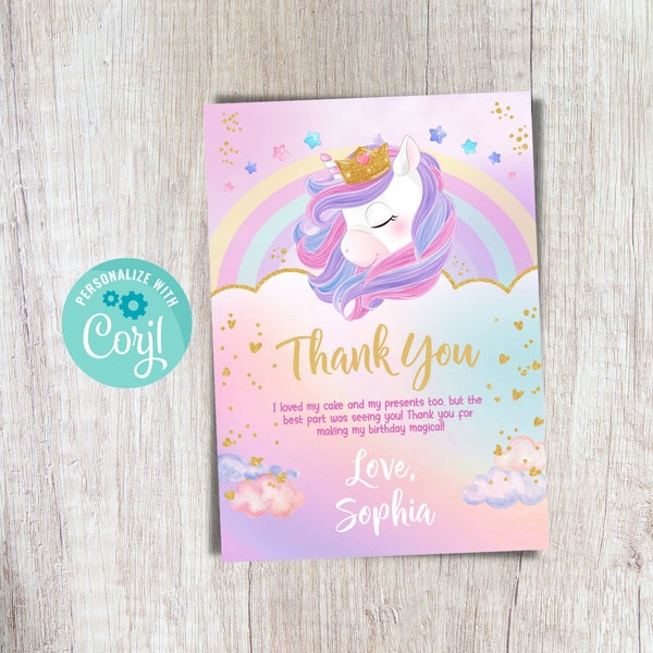 Editable Unicorn Birthday Party Thank You Card Magical Rainbow Unicorn Birthday Pink Purple and Gold Thank You Card Instant Download