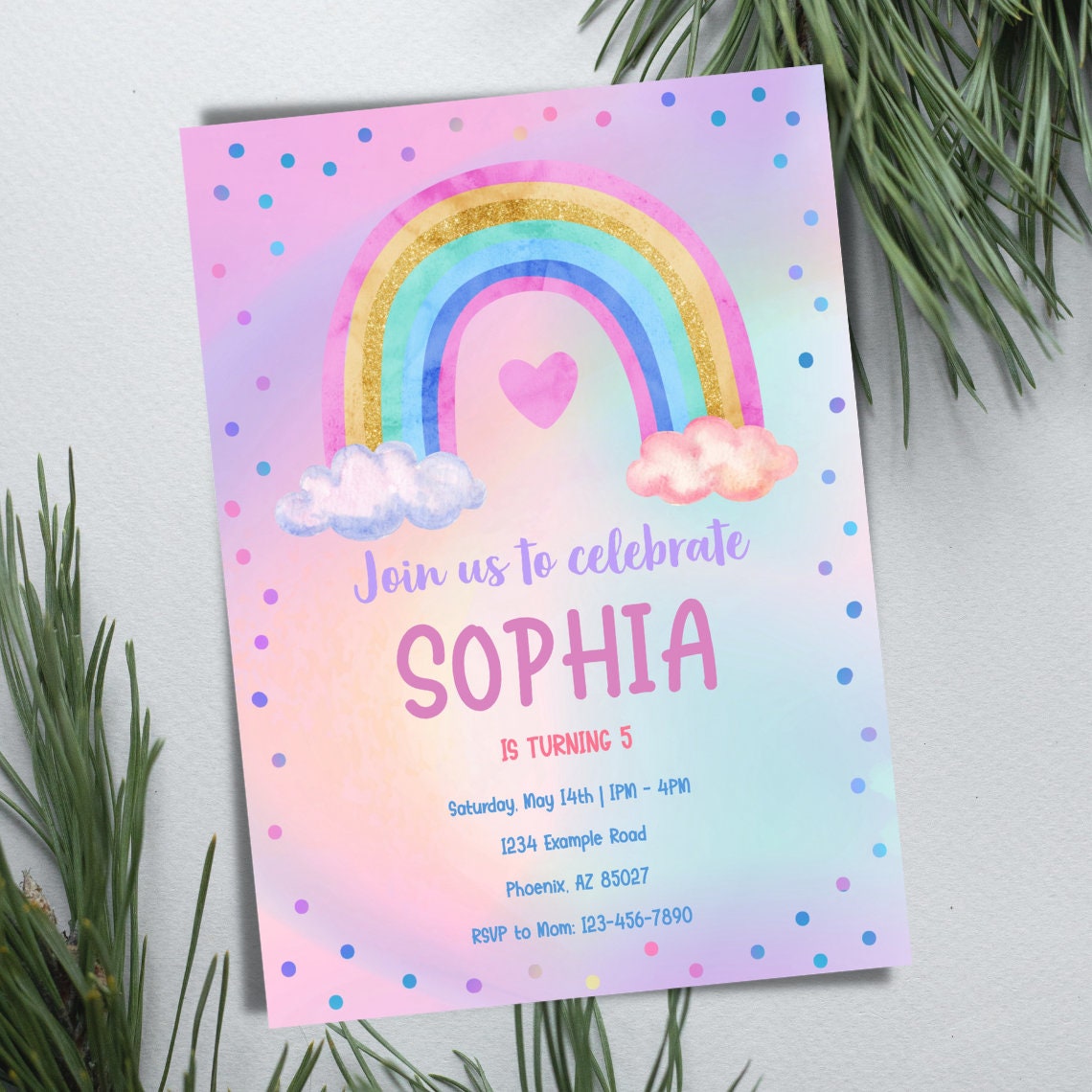 Rainbow Birthday Invitation Editable Rainbow Invitation Girl Etsy