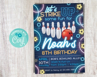 Bowling Party Invitation Editable Bowling Birthday Invitation Boy Bowling Invite Let's Strike Up Some Fun Pins Editable Instant Download