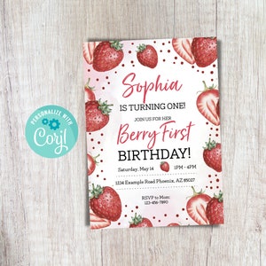 Berry First Birthday Invitation Strawberry Berry First Birthday Invite Berry Sweet Birthday Invitation Strawberry Invite Instant Download