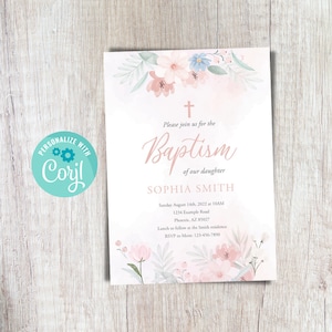 Pink Girl Baptism Invitation Wildflower Girl Baptism Invite Pink Floral Baptism Christening Invitation Boho Baptism Invitation Editable