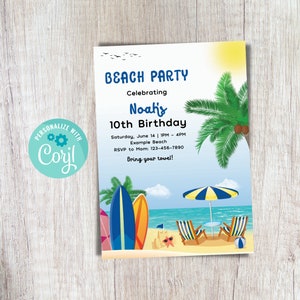 Bearbeitbare Strand-Geburtstags-Party-Einladung Junge Strand-Party einladen Surfer-Einladungs-Thema Luau-Geburtstags-Einladung Tropische Geburtstags-Einladung