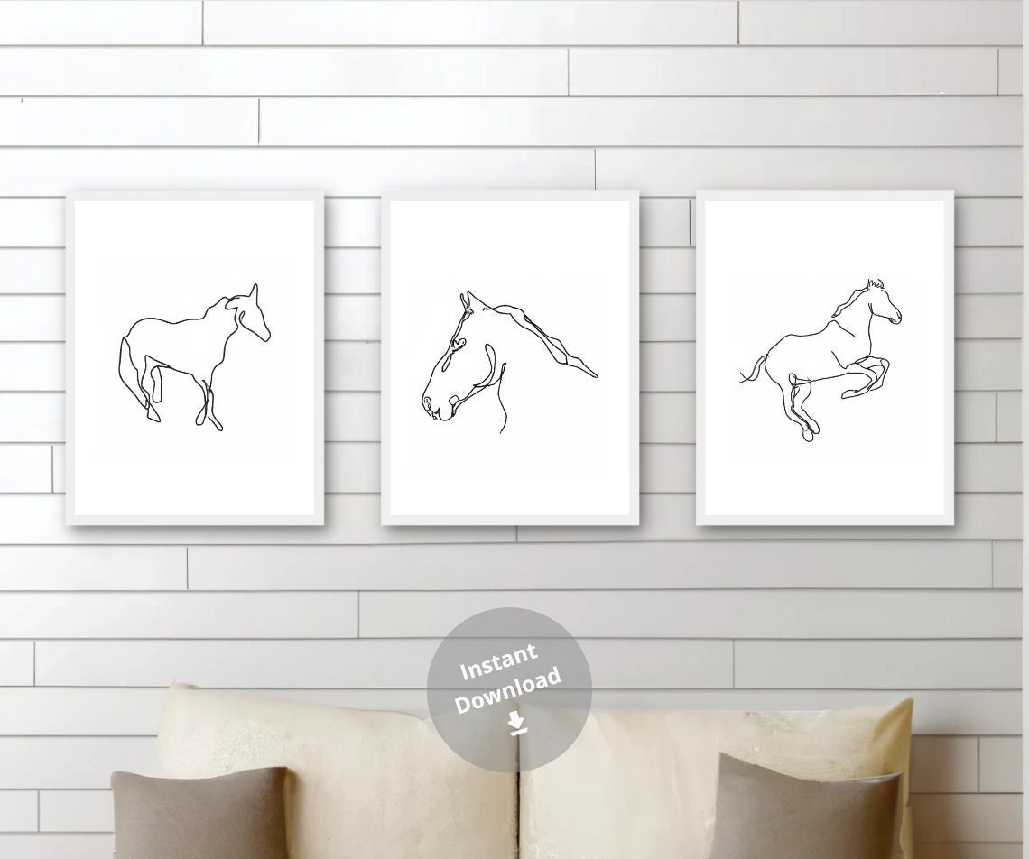 Horse Line Art Drawing Prints Set of 3 Horse Line Wall Art Modern Line ...