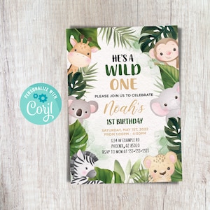 Wild One Birthday Invitation Editable He's a Wild One Boy Safari 1st Birthday Party Invitation Jungle Monkey Elephant Download Wild 1