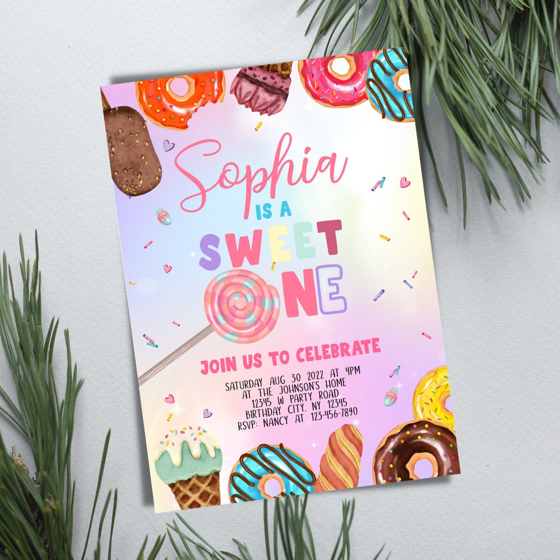 Editable Sweet One Birthday Invitation Girl Digital Printable Etsy
