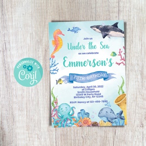 Under The Sea Birthday Invitation Editable Under The Sea Bday Boy Shark Whale Fish Party Blue Birthday Printable Template Instant Download
