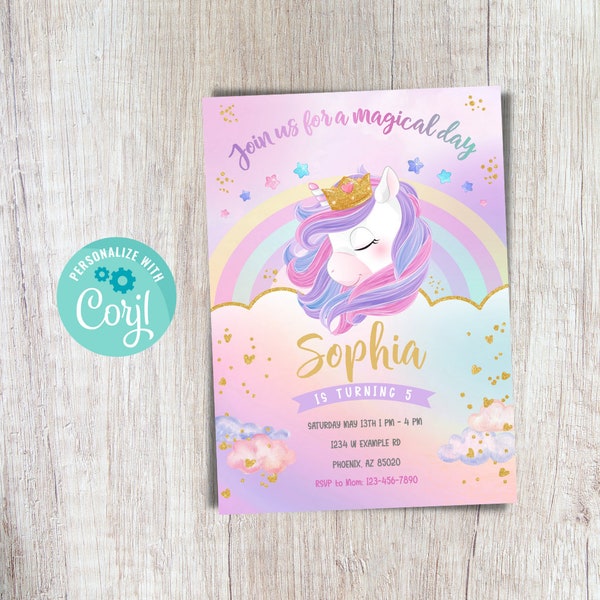 Unicorn Birthday Invitation Editable Unicorn Party Invitation Unicorn Birthday Invitation Rainbow Unicorn Invitation Girl Instant Download