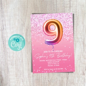 9th Birthday Invitation Editable Pink and Glittery 9th Birthday Invitation for Girl Ninth Birthday Invite Template Instant Download