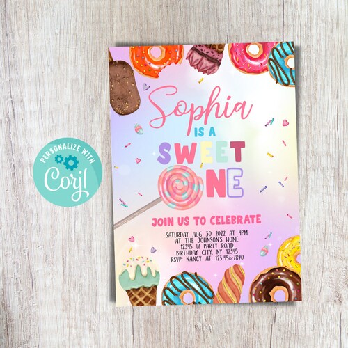 Editable Sweet One Birthday Invitation Girl Digital Printable Etsy