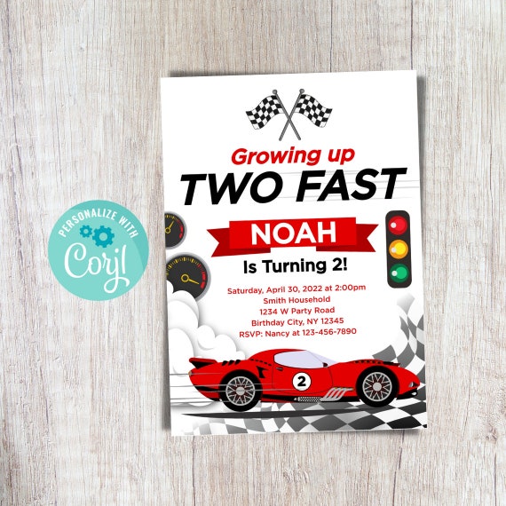 Editable Growing up Two Fast Birthday Invitation Race Car Two 