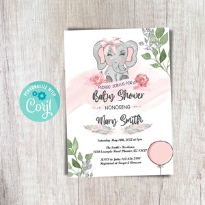 Elephant Baby Shower Invitation Elephant Invite Girl Elephant Baby Shower Girl Pink Balloon Invitation Editable Instant Template Download