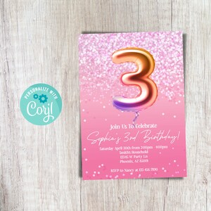 3rd Birthday Invitation Editable Pink and Glittery 3rd Birthday Invitation for Girl Third Birthday Invite Template Instant Download