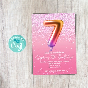 7th Birthday Invitation Editable Pink and Glittery 7th Birthday Invitation for Girl Seventh Birthday Invite Template Instant Download