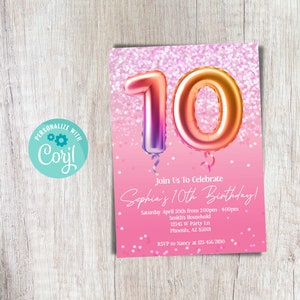 10th Birthday Invitation Editable Pink and Glittery 10th Birthday Invitation for Girl Tenth Birthday Invite Template Instant Download