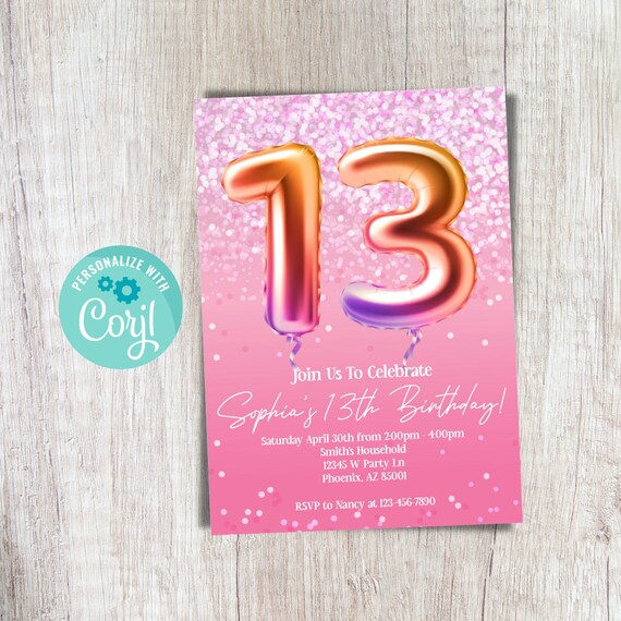 13th Birthday Invitation Editable Pink and Glittery 13th - Etsy