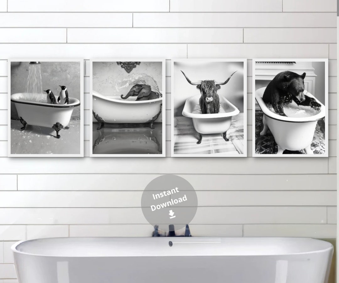 Animals in Bathtub Set of 4 Prints Funny Bathroom Prints Wall Decor