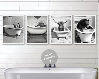 Animals In Bathtub Set Of 4 Prints Funny Bathroom Prints Wall Decor Kids Bathroom Funny Animals Set Whimsy Animal Art Animals Bathing