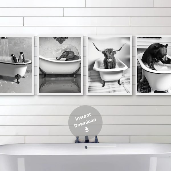 Tiere in der Badewanne 4er-Set Drucke Lustige Badezimmer Drucke Wand-Dekor Kinder Badezimmer Lustige Tiere Set Skurrile Tierkunst Tiere Baden