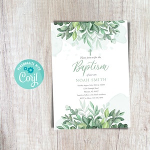 Boy Baptism Invitation Greenery Baptism Invitation Green Leaves Baptism Christening Invitation Boho Baptism Invitation Editable Printable