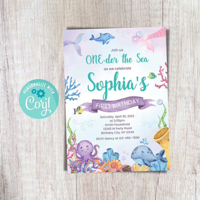 ONEder The Sea Birthday Invitation Editable Under the Sea 1st Birthday Invite Whale Fish Party Pink Purple Printable Instant
