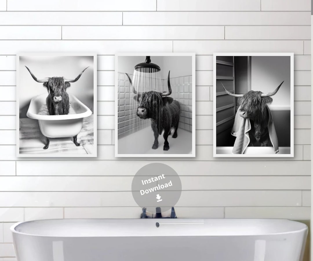 Highland Cow Set of 3 Prints Highland Cow Bathroom Prints Highland Cow