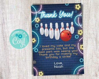 Editable Bowling Birthday Party Thank You Card Strike Bowling Birthday Blue Yellow and Gold Thank You Card Instant Download