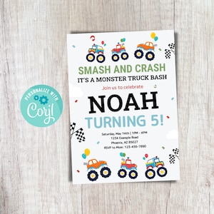 Monster Truck Birthday Invitation Editable Monster Truck Invitation Boy Party Invitation Monster Truck Party Instant Download Monster Truck
