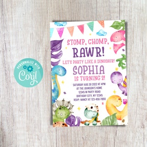 Girl Dinosaur Birthday Invitation Editable Dinosaur Birthday Invite Dinomite Party Stomp Chomp Roar Rawr Downloadable Instant Download