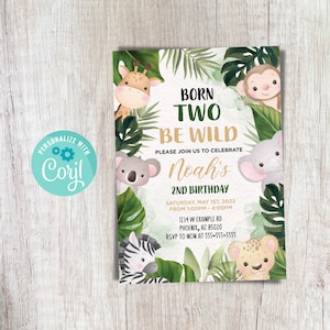 Born Two Be Wild Invitation Editable Born To Be Wild Birthday Invitation Safari Animals 2nd Birthday Jungle Zebra Monkey Download To Edit