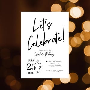 Black and White Let&#39;s Celebrate Digital Birthday Invitation [Canva Template] Evite, Simple, Minimalist, Custom, Modern, 5x7