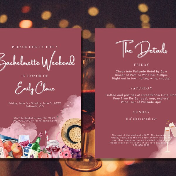 Digital Printable Wine Tour |Vineyard| Wine Tasting Bachelorette Weekend Party Invitation [Modern, Fun, Script] 5x7 Template