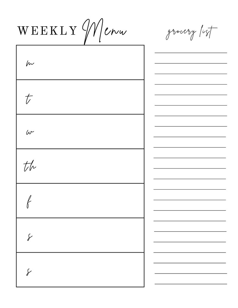 Weekly Meal Plan Template 8.5x11 modern, Simple, Black and White Weekly