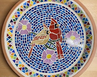 Mosaic Glass Cardinal Birdbath-Handmade, Bird Bath for Outdoors, Garden Accent, Made of all Bird Friendly Materials, Customization Available
