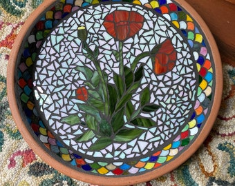 Birdbath, Handmade Mosaic Birdbath, Poppies Birdbath, Garden Accent, Bird Lover Gift, Garden Art, Customization Available