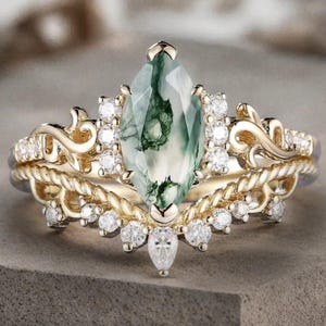Unique Marquise Cut Moss Agate Engagement Women Ring Vintage Rose Gold Art Deco Cluster Moss Agate Moissanite Bridal Wedding Ring Set Gifts