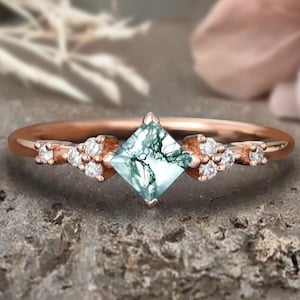 Unique Moss Agate Engagement Ring Princess Cut Moss Agate Wedding Solitaire Ring Promise Women Ring Handmade Custom Ring Anniversary Ring