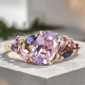 Oval Cut Lavender Amethyst Engagement Ring Vintage Rose Gold Cluster Amethyst Pink Sapphire Bridal Wedding Ring Set Unique Gift For Her