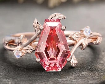 Art Deco Pink Sapphire Leaf Design Gemstone Ring Unique Vintage Coffin Cut Pink Sapphire Engagement Ring Wedding Promise Ring For Women